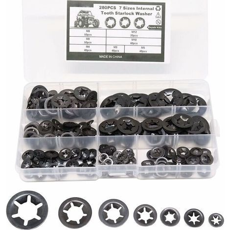 280 Pcs Rondelles De Blocage Rondelles De Verrouillage, Rondelles À Verrouillage Rapide De Rondelles De Verrouillage En Acier M3 M4 M5 M6 M8 M10 M12, 7Tailles, Noir-ARCAN (1/5)