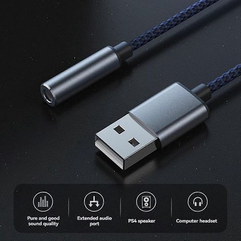 Câble audio USB vers 3,5 mm, carte son stéréo externe USB A vers 3,5 mm femelle, adaptateur audio pour casque et microphone, argent et bleu (1/5)