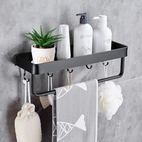 Estante para ducha, toallero, ganchos, no requiere perforación, autoadhesivo, aluminio, negro mate, baño, cocina (1/5)