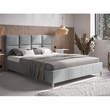 Lit capitonné avec tête de lit 140x200 velours gris Luxe (1/5)