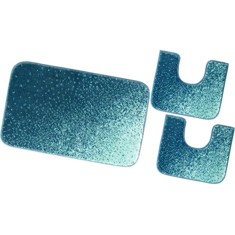 Tappeto Bagno Camera Scendiletto Doccia Vasca Antiscivolo Assorbente Shaggy Soffice IBISCO A Parure 3 Pezzi - Blu