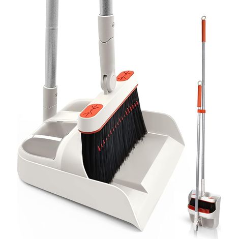 Dustpan and Broom, Long Handled Dustpan and Shovel, 180 Degree Rotatable Broom for Outdoor Sweeping, Garden, Hall, Indoor (Grey and Red) (1/5)