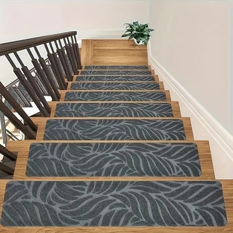 Lot de 12 tapis d'escalier 76 x 20 cm, antidérapants, sans colle, auto-adhésifs, motif feuilles en relief, réutilisables (1/5)