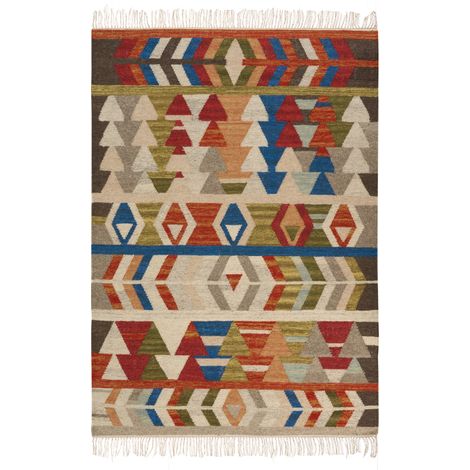 Alfombra kilim estilo boho hecha a mano 140 x 200 cm de lana con borlas multicolor Kaghsi (1/5)