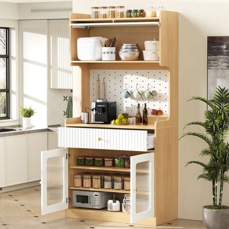 Buffet haut avec éclairage LED, étagères ajustables et tiroirs, meuble cuisine en verre cannelé, idéal pour salon, salle à manger et cuisine (Naturel) (1/4)