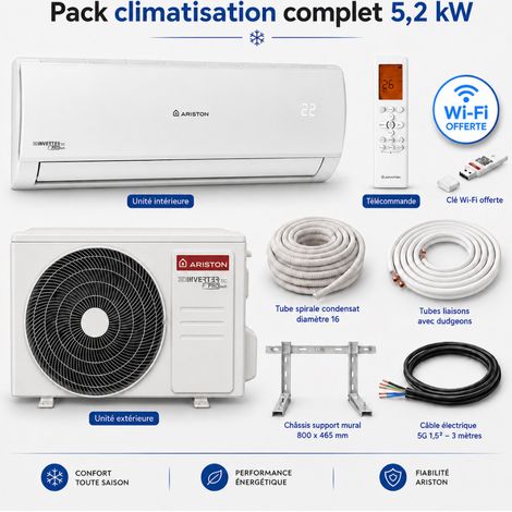 Ariston Group – Climatiseur monosplit Alys Net 5,2 kW – Réversible A++/A+ – Fonction froid/chaud – Kit installation 3 m inclus – 56 dB(A) (1/5)