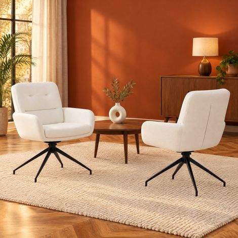 2er-Set Drehstühle 55×50×85 cm aus weißem PU und schwarzem Metall – MEUBLIV (1/5)