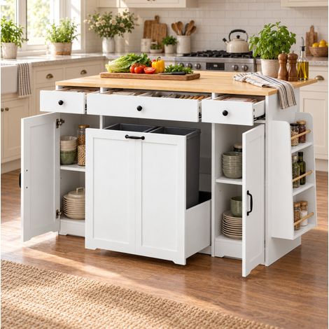 MODFU – Buffet rangement 136x65x90 cm MDF – 3 tiroirs et étagères – Plateau couleur bois et charge 40 kg – Cuisine – Blanc/bois (1/5)