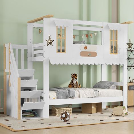 Kinder-Etagenbett 90 x 200 cm aus Holz, Weiß/Natur, platzsparend, ohne Matratze – MEUBLIV (1/5)