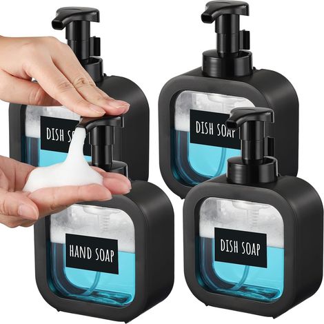 4 Pièces Distributeur Savon Mousse, 300ml Flacon Pompe Plastique Noir, Avec Étiquettes Pour Salle De Bain (1/5)