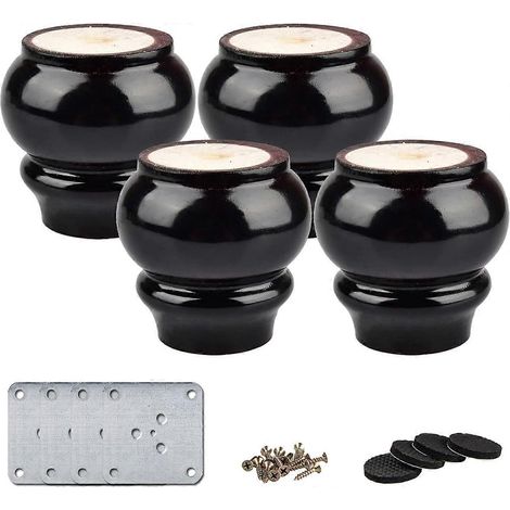 Pieds de meubles en bois de 3 pouces/8 centimètres, ensemble de 4 pieds de rechange ronds en acajou en forme de gourde avec plaque de montage et vis, pour fauteuil canapé LoveseBlack. (1/5)