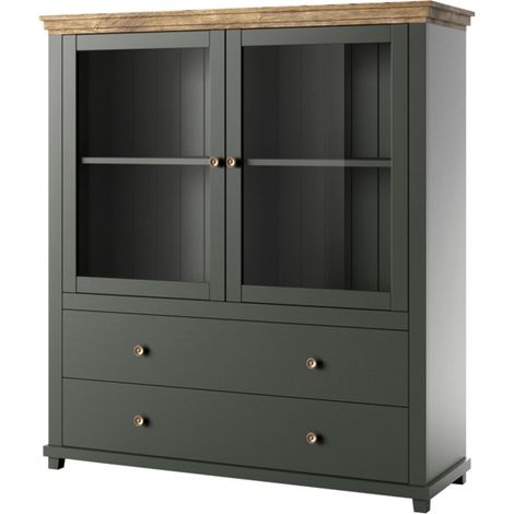 Petits-Meubles – Vaisselier 2 portes 2 tiroirs en bois certifié FSC – Dimensions 126 x 42 x 138 cm – Portes vitrées et étagères amovibles