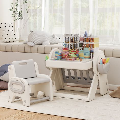 Table Multiusages pour Enfants avec Plateau de Rangement et Tiroirs, en HDPE et PP, Gris et Blanc (1/5)