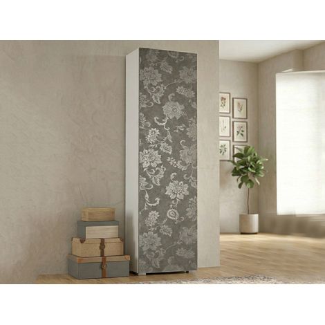 Dmora - Armario multiusos Ddarbo, Mueble lineal con 1 puerta y 7 baldas, Columna de entrada o baño, zapatero moderno, 100% Made in Italy, 50x30h182 cm, Olmo y fantasía (1/5)