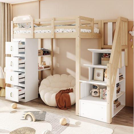 REDOM - Letto a soppalco 90x200 cm con 4 cassetti, scaffale a 3 livelli, scala sicura, legno, legno naturale (Senza materasso) (1/5)