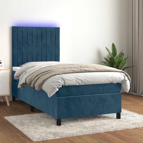 Cama box spring colchón y LED terciopelo azul oscuro 100x200 cm