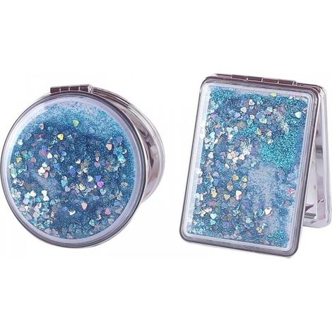 Miroirs pliants double face - Petits miroirs grossissants pliants - Miroir compact à paillettes - portable - Miroir de maquillage de voyage - Bleu (1/4)