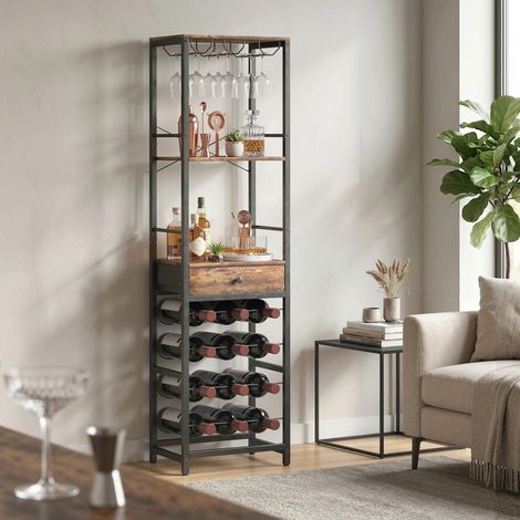 Mobile bar per vini con portabottiglie e cassetto, portabottiglie per 12 bottiglie con ripiano a giorno, marrone rustico.