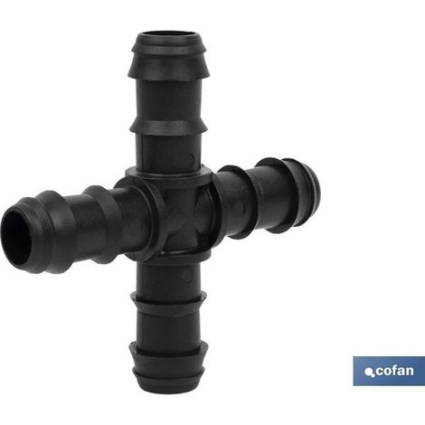 Conector en cruz Ø16mm para riego, fácil montaje y resistente a condiciones adversas. (1/3)