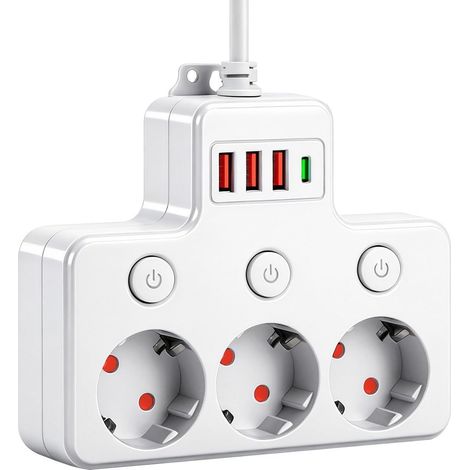 Multiprise 3 Prises Murale avec.3 USB et 1 Port USB-C, Conception Murale, Interrupteur indépendant, pour Bureau, Maison, Voyage, Cuisine, Salle de Bain Blanc