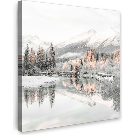 TABLEAU SUR TOILE Nature - Hiver - Arbres - Montagnes - Neige Tableau Chambre Adulte 90x90 cm