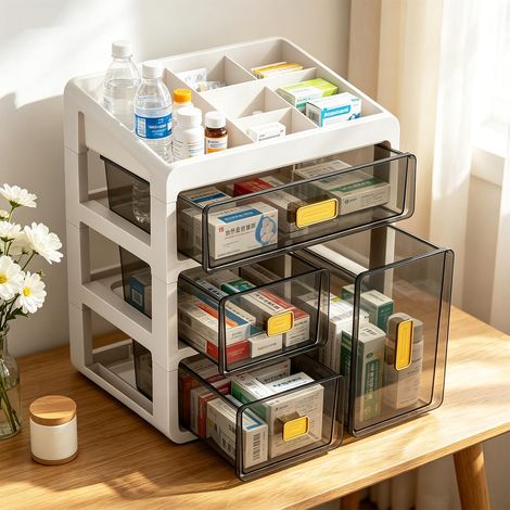 Boîte de Rangement à Quatre Tiroirs,Armoire Pharmacie en Plastique Blanc,Organiseur de Médicaments avec Tiroirs Transparents,Grand Rangement pour Medicaments et Petits Cosmétiques,pour Maison Bureau (1/5)