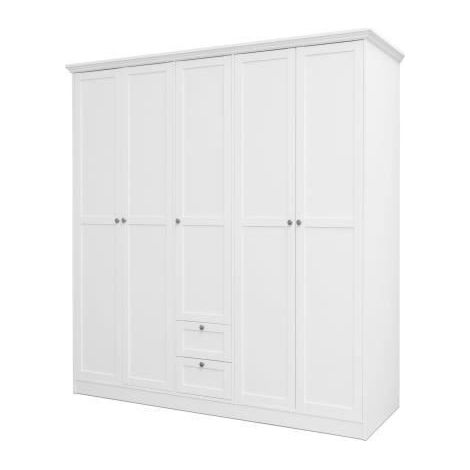 Les Tendances – Armoire de chambre 5 portes – Dimensions 187 x 67 x 200 cm – Blanc – Style classique avec moulures et poignées en métal (1/4)