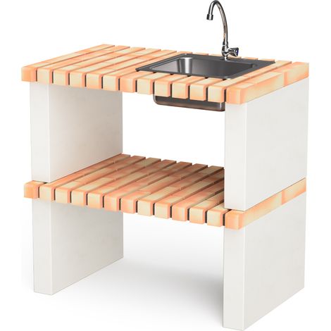 MOVELAR - Tréteau latéral Nazca avec évier et robinet pour Barbecue en Béton Préfabriqué (Blanc, orange - 86,5 x 58 x 58 cm) - Usage Extérieur