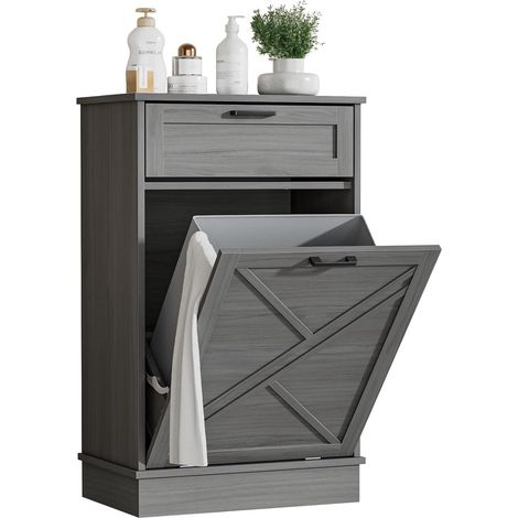 Meuble Poubelle avec Tiroir Armoire à Poubelle Inclinable 37L, Bois, Gris (1/5)