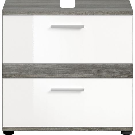 Meuble sous lavabo 2 tiroirs gris et blanc brillant - TWYNI (1/4)