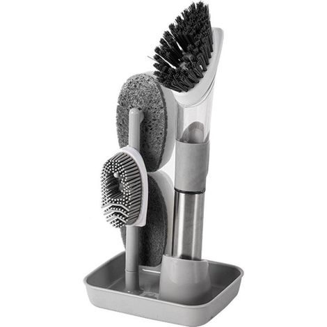Cepillo para lavar platos con dispensador de jabón, cepillo manual para lavar platos fabricado en acero inoxidable apto para uso alimentario con 4 cabezales de repuesto (para sartenes, ollas y superfi (1/2)