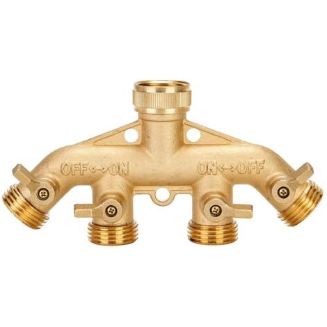 Distributeur de tuyau 3/4 pouces GHT Distributeur de tuyau d'arrosage Adaptateur de douille de tuyau en laiton robuste à 4 voies Connecteur d'adaptateur de tuyau d'arrosage (1/4)