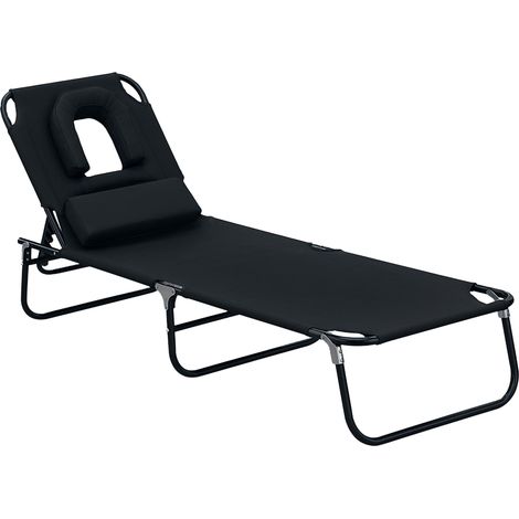 Chaise longue de plage pliante enclenable avec trou de lecture, chaise de jarden pliante, noire idéal pour se détendre au soleil dans votre jardin, sur votre terrasse ou au bord de la piscine, allian (1/5)