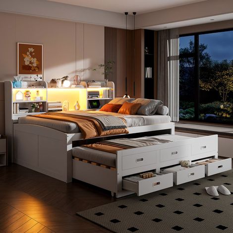 140x200 cm lit banquette gigogne avec 3 tiroirs, LED et USB Type-C, rangement pratique sans matelas (1/5)