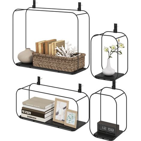 Lot de 4 étagères murales industrielles, étagères flottantes géométriques en métal, pour salon, chambre et bureau, noir