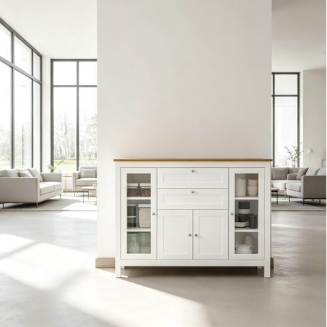 Buffet meuble rangement 120 cm MDF verre blanc HAVRYA (1/5)