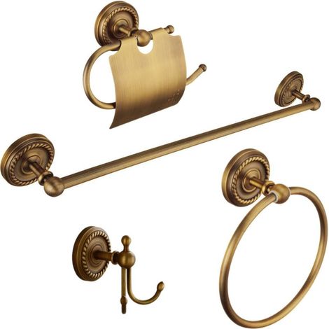 4 accessoires de salle de bain - laiton antique - porte-serviettes 40cm, crochet, porte-papier toilette et porte-serviettes