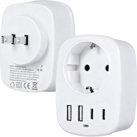 Plug Adapter, 5-in-1 Power Adapter with 2 USB C and 2 USB A, Travel Adapter for Type A Plug for, China, Canada, Thailand, USA (2) (1/5)