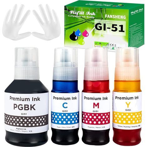Encre Compatible avec Canon GI-51 GI 51 Bouteille d'encre Multipack pour PIXMA G2570 G1520 G1560 G2520 G2560 G3520 G3560 G1530 G3570 Series G4570 (4 Pack BK/C/M/Y) (1/5)