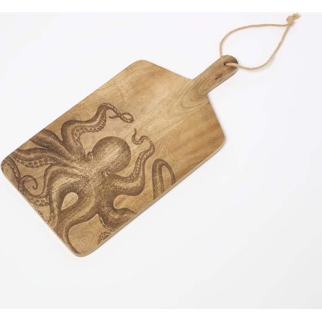 HOMESCAPES Etched Octopus Mango Wood Chopping Board, 50 x 25cm