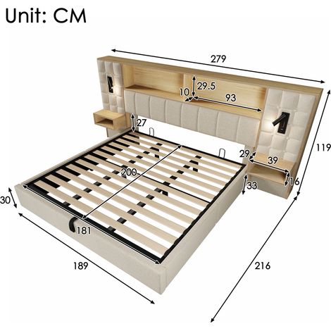 Lit rembourré 180x200 avec espace de rangement, système de lit beige, éclairage LED et 2 lampes de lecture, 2 tables de chevet intégrées, port de chargement USB Type-C, revêtement en lin, sommier à la (1/4)