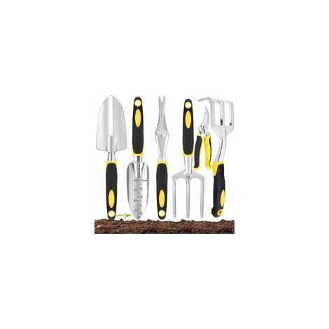 Kit de 6 Outils de Jardinage en Aluminium : Griffe, Pelle Large et Pelle à Bord Gradué - Plantation, Désherbage - Manche Ergonomique Antidérapant-Jaune (1/5)