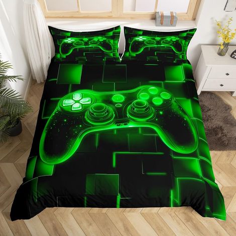 Housse de Couette 200x200 Gaming Vert, Parure de Lit Enfant Gamer Deco Chambre Ado Garcon, Sets de Housses de Couettes Manette de Jeux, Couvre Lit Carrée Géométrique Lumineuse Au Néon - 200x200cm + 2 (1/5)