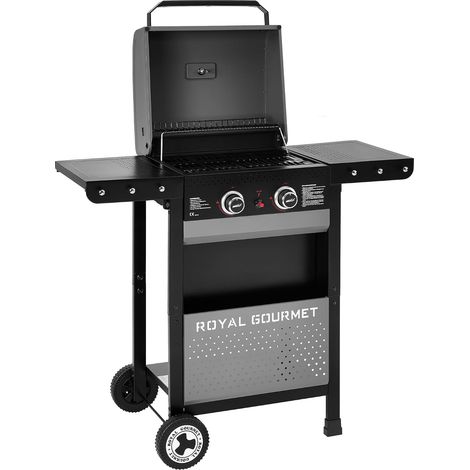 Royal Gourmet GL2001 2-Brenner Gasgrill, Grillwagen mit zwei 2,5 kW-Brennern, klappbaren Seitenablagen, Ablagekorb, Haken, Thermometer und Piezozündung, Gasgrill für Balkon, Terrasse, Garten und Campi (1/5)