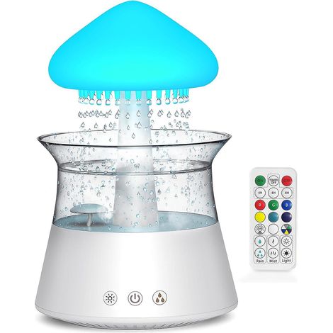 Luftbefeuchter mit Regenwolken-Effekt, Luftbefeuchter mit Diffusor, Wassertropfen-Luftbefeuchter mit Fernbedienung, Wasserfalllampe, Pilz-Luftbefeuchter, Regengeräusche, Luftbefeuchter mit weißem Raus