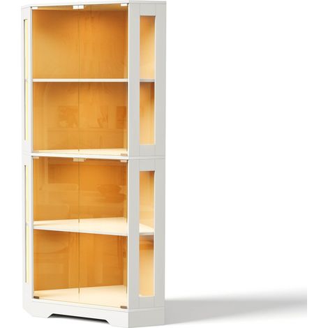 Buffet de cuisine haut 165 cm en MDF blanc avec LED, prise, porte-bouteilles et vitrine (1/5)