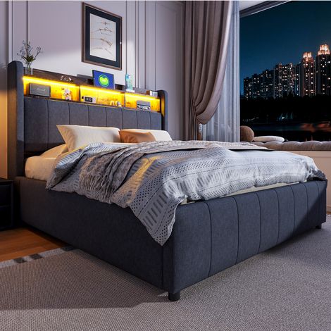 Lit coffre de rangement capitonné en lin 140x200cm - avec LED + prises - Gris (1/5)