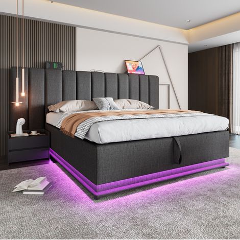 lit adulte double rangement 180x200 LED lin gris OKMYHOME (1/5)