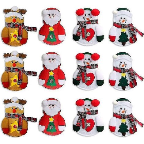 Lot de 12 pochettes à couverts de Noël avec porte-couverts, décorations de Noël : rennes, bonhommes de neige et Père Noël (1/5)