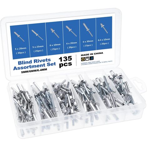 135 Pièces Rivet Aluminium, 5/6/6,4 mm Rivet Pop, 6 Tailles Assortiment Rivets Aveugle pour Métal Bois Plastique, avec Boîte de Rangement (1/5)